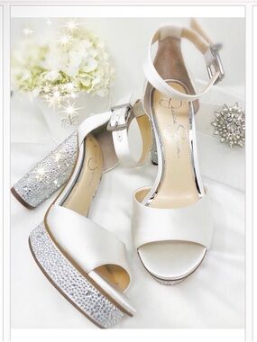 Jessica Simpson White Satin Ankle-Strap Sandals with Crystal Block Heel